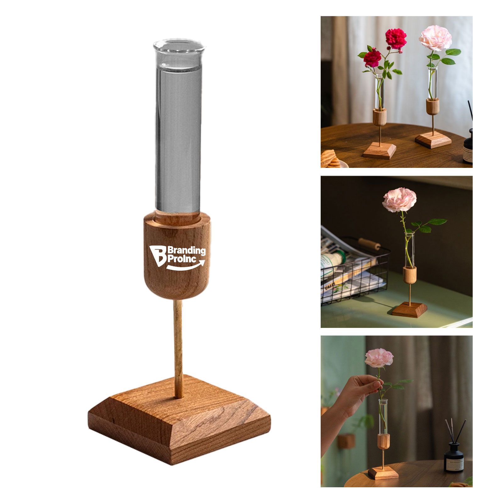 Wooden Base Glass Flower Vase